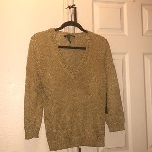 Modern Gold Glitter Lauren by Ralph Lauren 3/4 Length Sleeve V-Neck Sweater ✨